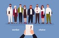 People dressed in office clothing standing in row in front of person with CV in hands. Concept of choice of worker