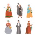 People dressed renaissance clothing set. Men and women in medieval fashion vintage dress, historical clothes vector