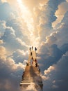 People dressed in robes walking up a stairway