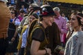 People dressed in traditional bavarian clothes at the Oktoberfest in Munich