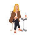 People drink. Cartoon woman in cafe. Female character with wine bottle and glass. Alcohol beverage. Cup coffee and