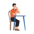 People Drink Coffee. Cartoon Character With Tea Cup And Saucer. Man Sitting At Restaurant Table. Hot Morning Beverage