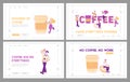 People Drink Coffee Website Landing Page Set. Young Men and Women Buying Takeaway Drink, Man Work on Laptop Royalty Free Stock Photo