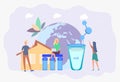 People drink purified water. Water filtration system, water purification at home, water delivery service concept. Colorful vector