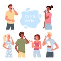 People drink water set, bearded man, guy holding glass, woman standing with water bottle