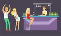 People Drinking at the Bar and Dancing in Nightclub, Bartender Serving Visitors Vector Illustration Royalty Free Stock Photo