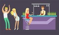 People Drinking at the Bar and Dancing in Nightclub, Bartender Serving Visitors Vector Illustration