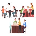 People Drinking Coffee and Relaxing at Coffeehouse or Cafe Set, Restaurant Employees Serving Visitors Vector