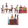 People Drinking Coffee and Relaxing at Coffeehouse or Cafe Set, Restaurant Employees and Visitors Vector Illustration