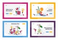 People Drinking Cold Drinks Landing Page Template Set. Tiny Characters Choose Different Beverages at Summer