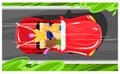 People drive car, driver look up, young entertainment concept, happy girl journey, design, flat style vector