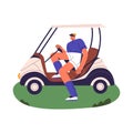People drive golf cart. Golfer move in electric car, buggy on field after game. Sport player in sportswear, uniform Royalty Free Stock Photo