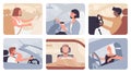 People driving car set, man woman wearing seat belt, sitting inside car, drinking coffee Royalty Free Stock Photo