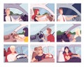 People Driving Cars Collection, Female and Male Drivers Characters Sitting Inside Vehicles Vector Illustration