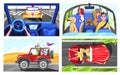 People driving cars, happy family road trip, friends having fun together, vector illustration