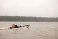 People driving speed motor boat at river