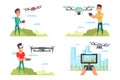 People with drone quadcopter illustrations set