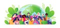 Multicultural vector characters smiling people of different nationalities on background of globe.