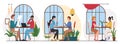 People eat in cafe flat vector illustration, cartoon friend characters group eating lunch or dinner in cafeteria or food