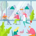 People eat food in cafe vector illustration, cartoon flat adult man woman friend characters sitting at table together