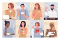 People eat food set, cartoon young happy hungry man or woman enjoying meals and dishes Royalty Free Stock Photo