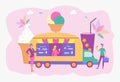 People eat ice cream and shake. Fast food on wheels. Street food, urban food truck, street food festival concept. Colorful vector Royalty Free Stock Photo