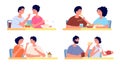 People eat together. Couple eating, dinner food in restaurant. Friends meeting, cartoon smiling woman man on lunch table Royalty Free Stock Photo