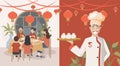 People eating in Chinese restaurant vector flat illustration. Chef holding plate with steamed buns or dim sums.