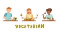 People eating and cooking vegetarian food. Healthy lifestyle, vegetarian diet concept cartoon vector illustration Royalty Free Stock Photo