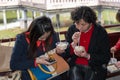 People eating dim sum Shanghai style steamed pork dumplings chin Royalty Free Stock Photo