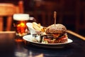 People eating and drinking in american restaurant, beer, hamburger, wine and other american specialites
