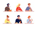 People eating. Hungry characters with different food vector person eating flat pictures