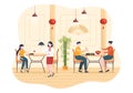 People Eating Japanese Food in the Restaurant with Various Delicious Dishes in Flat Style Cartoon Illustration