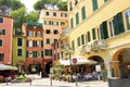 Santa Margherita, Italy - 8/15/2019 - People eating in outdoor cafes in the town of Santa Margherita, Italy a part of the Italian