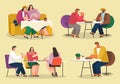 People eating scenes set. Friends or business partners are sitting in cafe or restaurant at a table Royalty Free Stock Photo