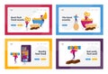 People Eating Snacks Fast Food Landing Page Template Set. Tiny Characters Enjoying Dry Appetizers Pop Corn