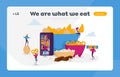 People Eating Snacks Landing Page Template. Tiny Characters Enjoying Different Dry Appetizers Pop Corn