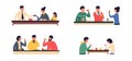 People eating at table. Cartoon friends and couples have breakfast lunch dinner and spending time together. Vector Royalty Free Stock Photo