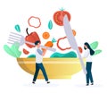 People eating vegetarian food, fresh vegetable salad, flat vector illustration. Vegan diet, healthy lifestyle.