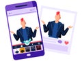 The people edit the picture from mobile phone. Rock musician with red hairstyle stands arms spread Royalty Free Stock Photo