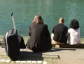 People on embankment lake, back, behind, Switzerland