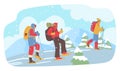 People Embarking On Winter Hikes, Wrapped In Warm Layers, Venture Through Snow-covered Landscapes, Vector Illustration