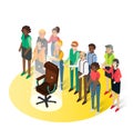 People and empty boss office chair, flat vector isometric illustration. Human resources management, hiring, recruiting.