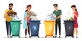 People engaged in garbage sorting set on white