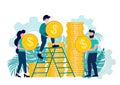 The people is engaged in joint construction and growing cash profit. Vector illustration