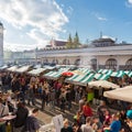 People enjoing outdoor street food festival in Ljubljana, Slovenia. Royalty Free Stock Photo