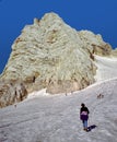 people enjoy climbing the Dachstein mountain in the Alps ia the Randkluftsteig, an old route from the 19th century Royalty Free Stock Photo