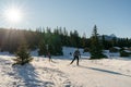 People enjoy a healthy nordic skiing workout in the Swiss Alps in the Lenzerheide ski resort Royalty Free Stock Photo