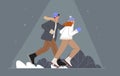 People enjoy ice skating at winter park in evening vector illustration. Man and woman during outdoors activity at rink.