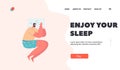 Enjoy Nighttime Sleep or Nap Landing Page Template. Relaxed Male Character Sleeping in Pose of Embryo Lying in Bed